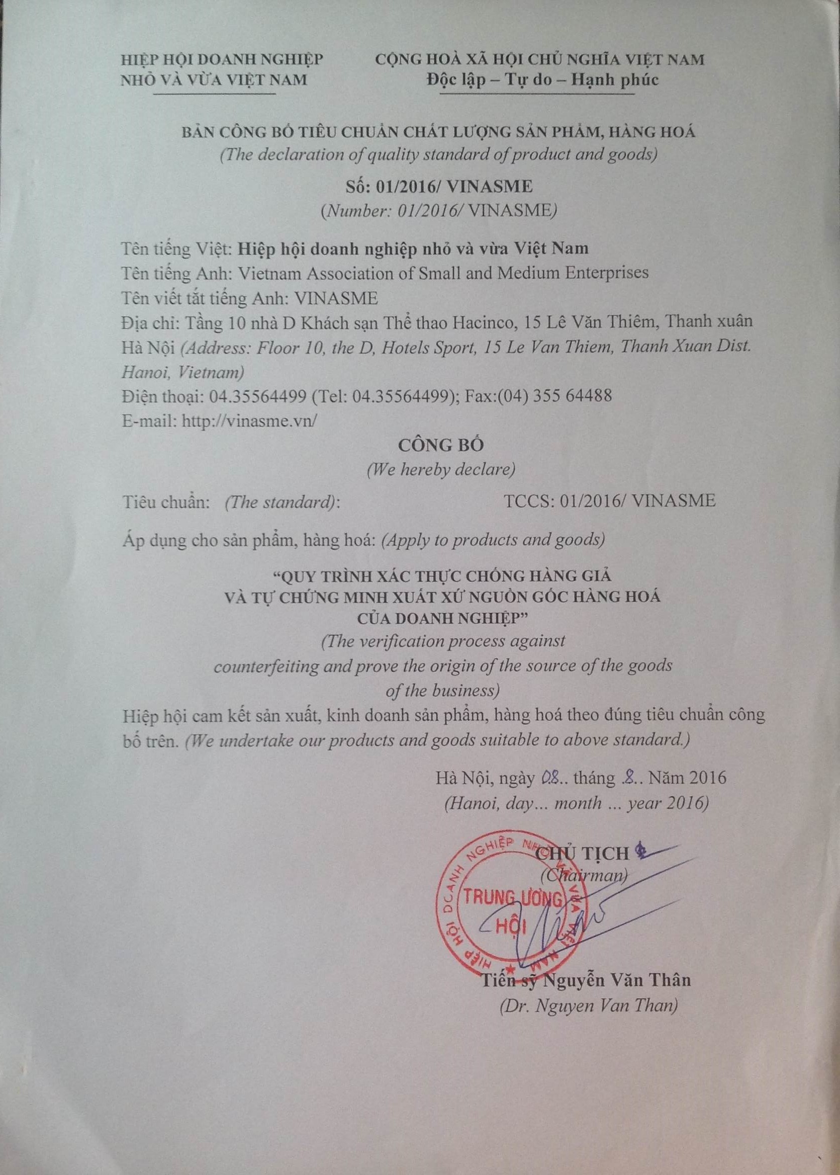 Công bố Tiêu chuẩn chống giả - Hiệp hội Doanh nghiệp vừa và nhỏ Việt Nam